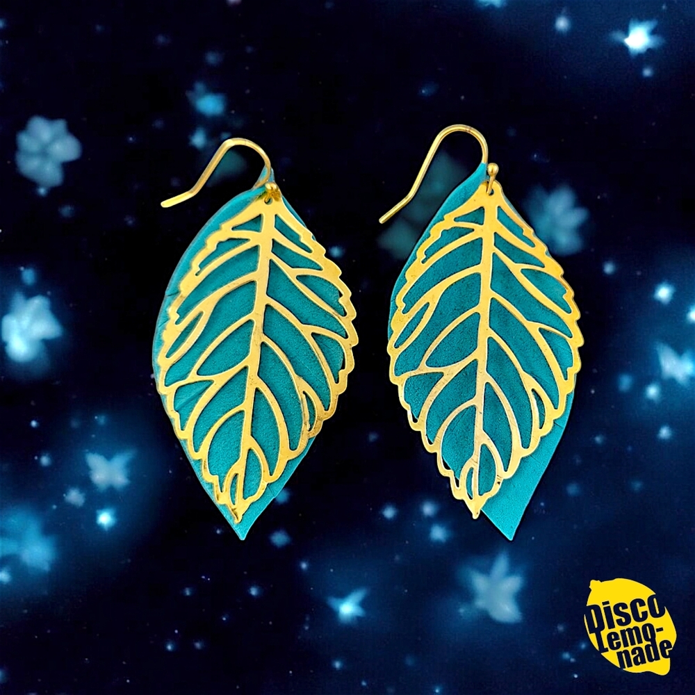 DiscoLemonade Upcycled Turquoise Gold Feather Wing Earrings Lightweight ✨️ Ltd E
